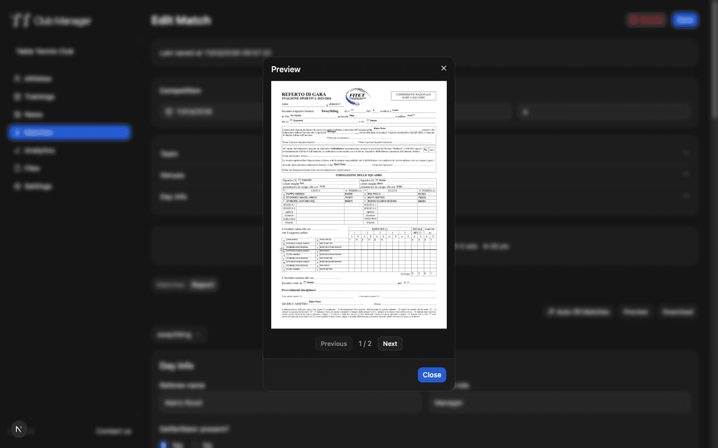 TT Club Manager match reports interface