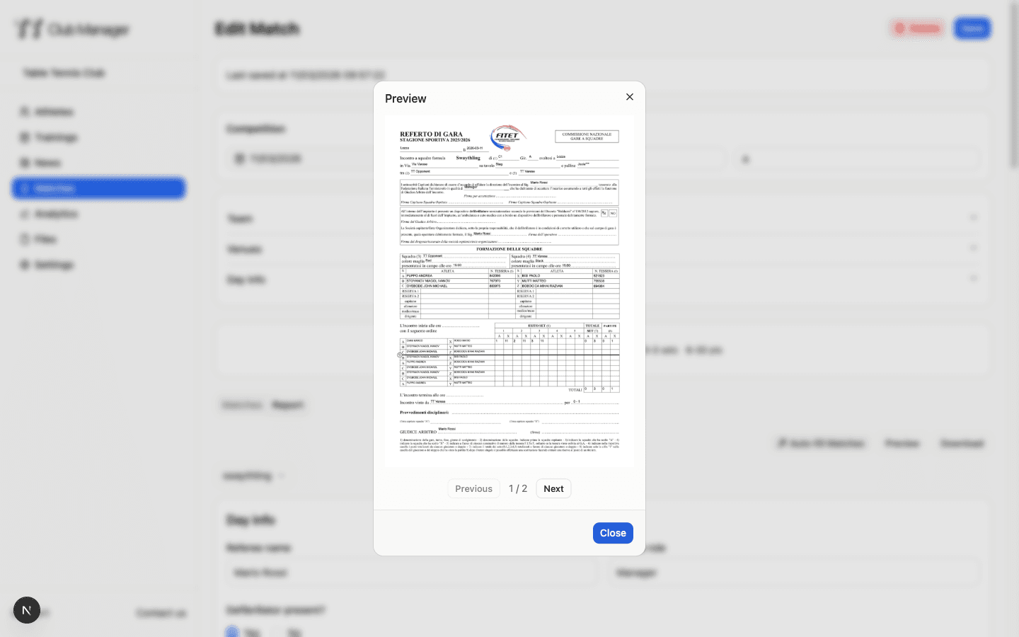 Match report creation interface