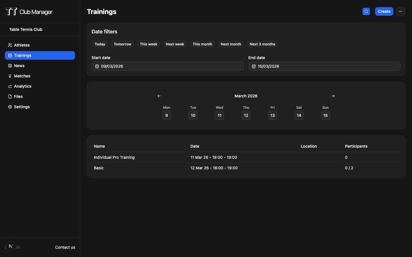 TT Club Manager training management interface